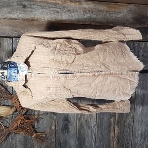 Tan raw n rough hemmed button up